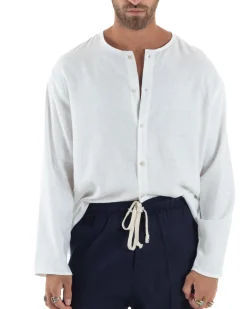 Camicia Lino Casacca Relaxed Fit Collo Coreano Bianco C2973A