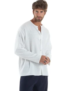 Camicia Lino Casacca Relaxed Fit Collo Coreano Bianco C2973A