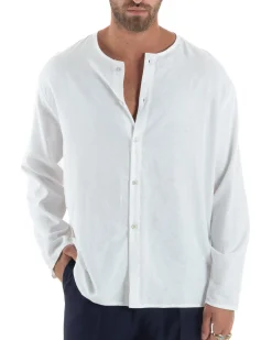 Camicia Lino Casacca Relaxed Fit Collo Coreano Bianco C2973A