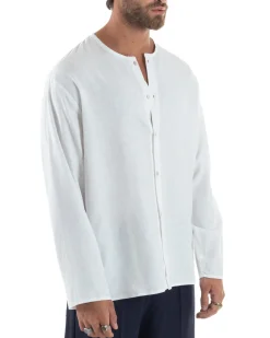 Camicia Lino Casacca Relaxed Fit Collo Coreano Bianco C2973A