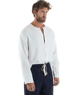 Camicia Lino Casacca Relaxed Fit Collo Coreano Bianco C2973A