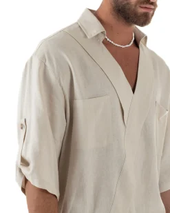 Camicia lino casacca relaxed fit scollo v beige GIOSAL-C2999A