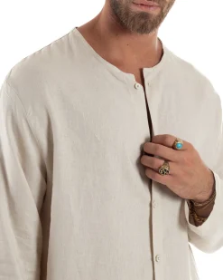 Camicia Lino Casacca Relaxed Fit Collo Coreano Beige C2970A