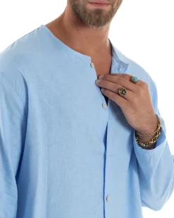 Camicia Lino Casacca Relaxed Fit Collo Coreano Celeste C2969A