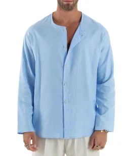 Camicia Lino Casacca Relaxed Fit Collo Coreano Celeste C2969A