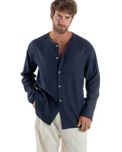 Camicia Lino Casacca Relaxed Fit Collo Coreano Blu C2968A