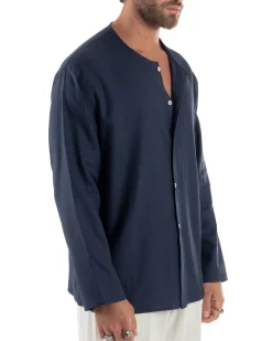 Camicia Lino Casacca Relaxed Fit Collo Coreano Blu C2968A