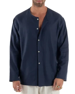 Camicia Lino Casacca Relaxed Fit Collo Coreano Blu C2968A