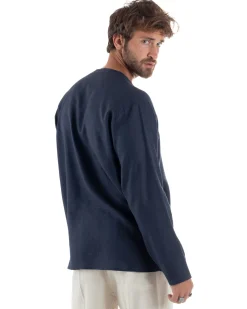 Camicia Lino Casacca Relaxed Fit Collo Coreano Blu C2968A