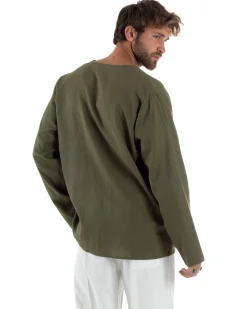 Camicia Lino Casacca Relaxed Fit Collo Coreano Verde C2971A
