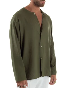 Camicia Lino Casacca Relaxed Fit Collo Coreano Verde C2971A