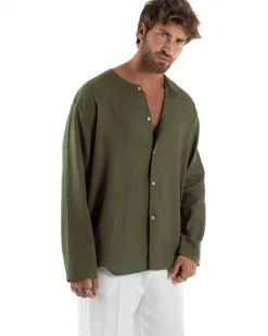 Camicia Lino Casacca Relaxed Fit Collo Coreano Verde C2971A