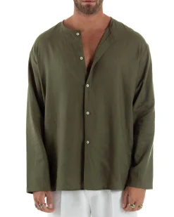 Camicia Lino Casacca Relaxed Fit Collo Coreano Verde C2971A