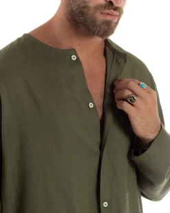 Camicia Lino Casacca Relaxed Fit Collo Coreano Verde C2971A