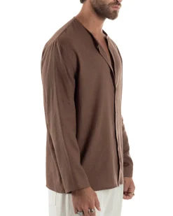 Camicia Lino Casacca Relaxed Fit Collo Coreano Marrone C2967A