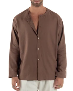 Camicia Lino Casacca Relaxed Fit Collo Coreano Marrone C2967A