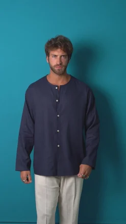 Camicia Lino Casacca Relaxed Fit Collo Coreano Nero C2972A