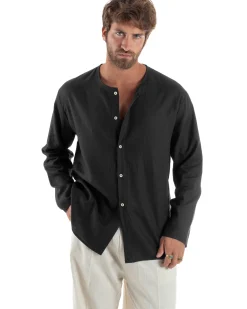 Camicia Lino Casacca Relaxed Fit Collo Coreano Nero C2972A