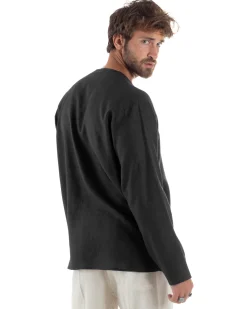 Camicia Lino Casacca Relaxed Fit Collo Coreano Nero C2972A