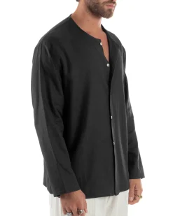Camicia Lino Casacca Relaxed Fit Collo Coreano Nero C2972A