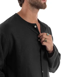 Camicia Lino Casacca Relaxed Fit Collo Coreano Nero C2972A