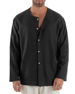 Camicia Lino Casacca Relaxed Fit Collo Coreano Nero C2972A