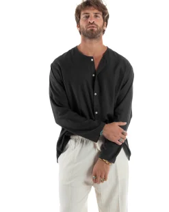 Camicia Lino Casacca Relaxed Fit Collo Coreano Nero C2972A