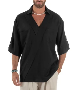Camicia lino casacca relaxed fit scollo v nero GIOSAL-C2997A