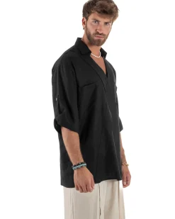 Camicia lino casacca relaxed fit scollo v nero GIOSAL-C2997A