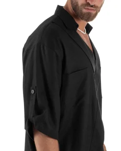Camicia lino casacca relaxed fit scollo v nero GIOSAL-C2997A
