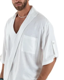 Camicia lino casacca relaxed fit scollo v bianco GIOSAL-C2998A