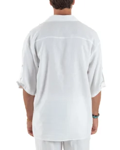 Camicia lino casacca relaxed fit scollo v bianco GIOSAL-C2998A