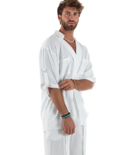 Camicia lino casacca relaxed fit scollo v bianco GIOSAL-C2998A