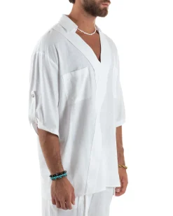 Camicia lino casacca relaxed fit scollo v bianco GIOSAL-C2998A