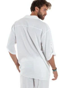 Camicia lino casacca relaxed fit scollo v bianco GIOSAL-C2998A