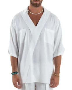 Camicia lino casacca relaxed fit scollo v bianco GIOSAL-C2998A