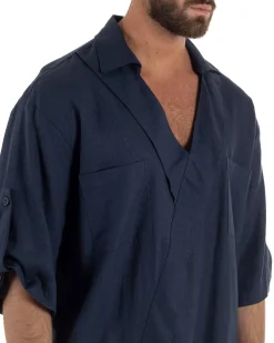 Camicia lino casacca relaxed fit scollo v blu GIOSAL-C3091A