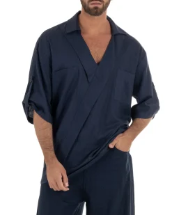 Camicia lino casacca relaxed fit scollo v blu GIOSAL-C3091A