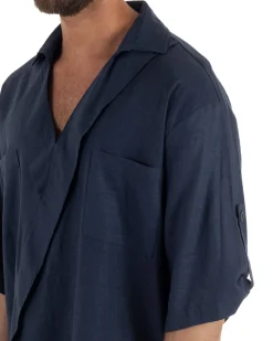 Camicia lino casacca relaxed fit scollo v blu GIOSAL-C3091A