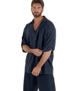 Camicia lino casacca relaxed fit scollo v blu GIOSAL-C3091A