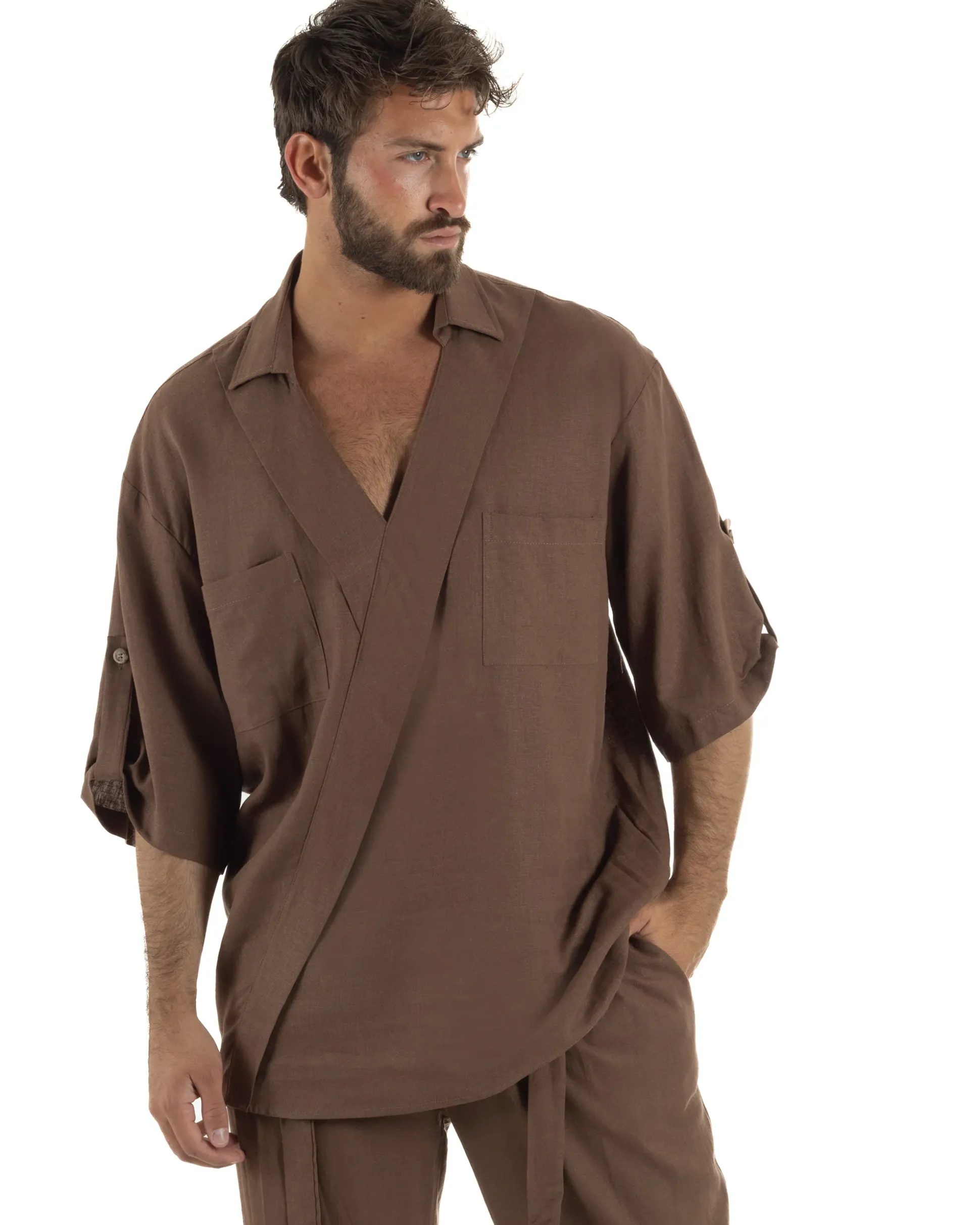 Camicia lino casacca relaxed fit scollo v marrone GIOSAL-C3090A