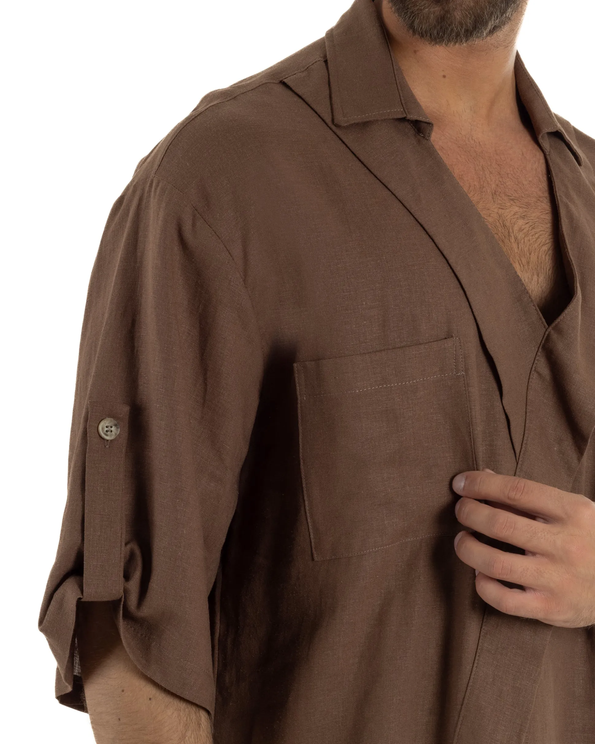 Camicia lino casacca relaxed fit scollo v marrone GIOSAL-C3090A