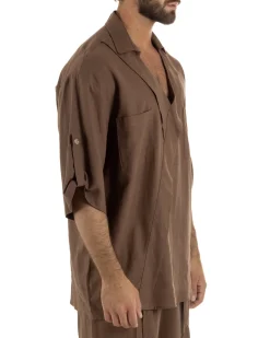 Camicia lino casacca relaxed fit scollo v marrone GIOSAL-C3090A