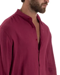 Camicia Lino Slim Fit Collo Coreano Bordeaux C3044A