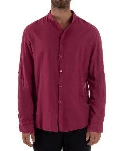 Camicia Lino Slim Fit Collo Coreano Bordeaux C3044A