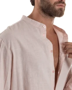 Camicia Lino Slim Fit Collo Coreano Rosa C3051A