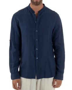 Camicia Lino Slim Fit Collo Coreano Blu C3057A