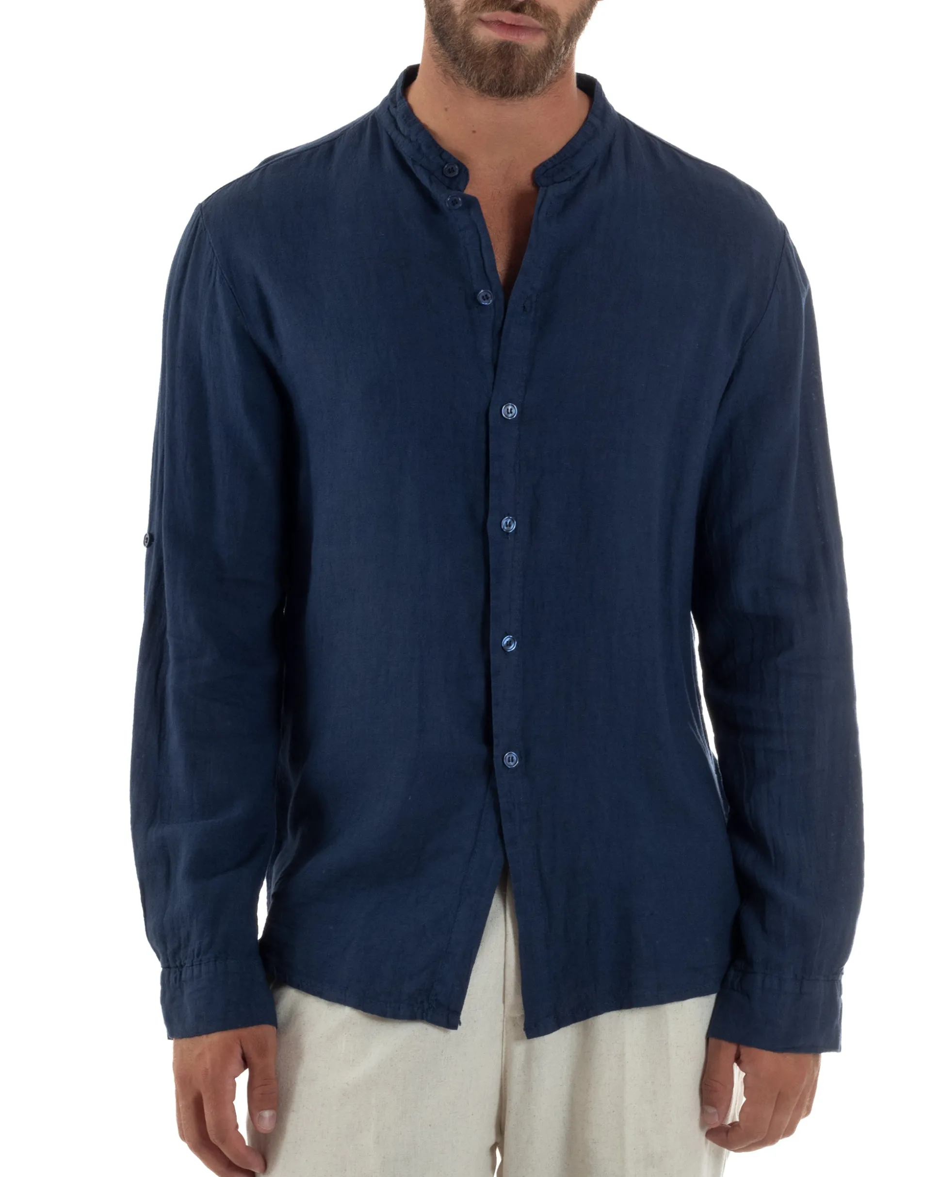 Camicia Lino Slim Fit Collo Coreano Blu C3057A