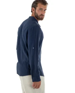 Camicia Lino Slim Fit Collo Coreano Blu C3057A