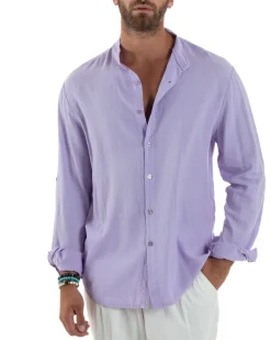Camicia Lino Slim Fit Collo Coreano Lilla C3054A